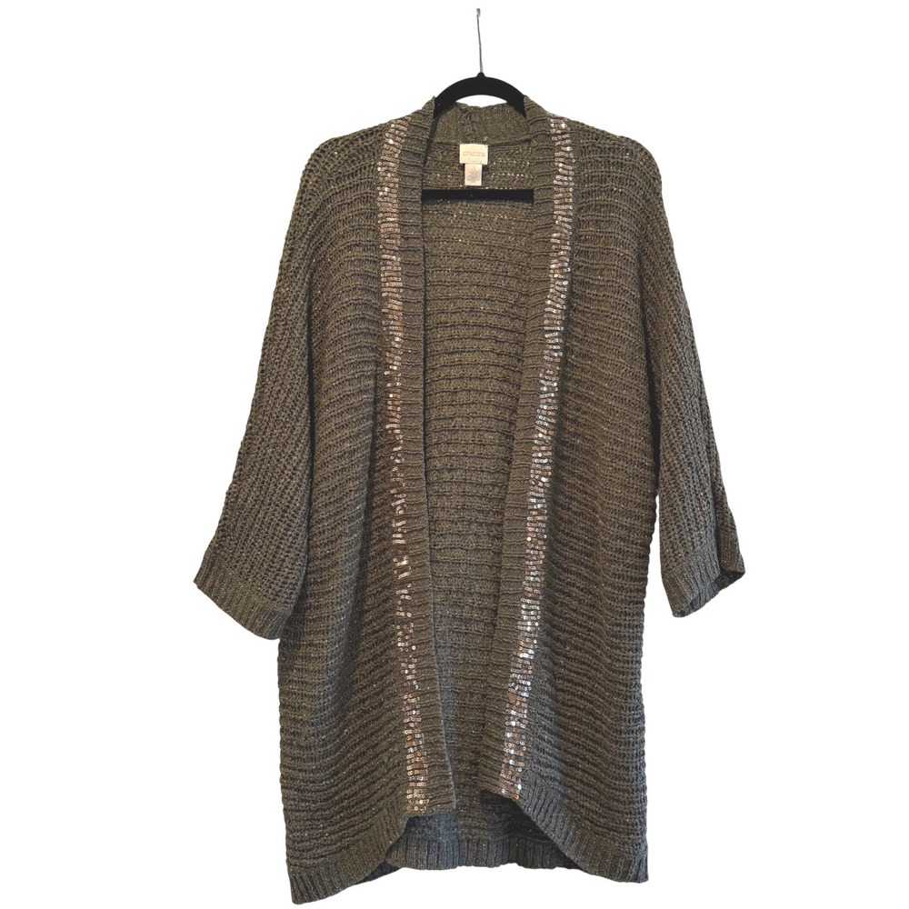 Chicos Cardigan Sweater Metallic Thread Sequins Open Front‎ Green Size 16 (3)